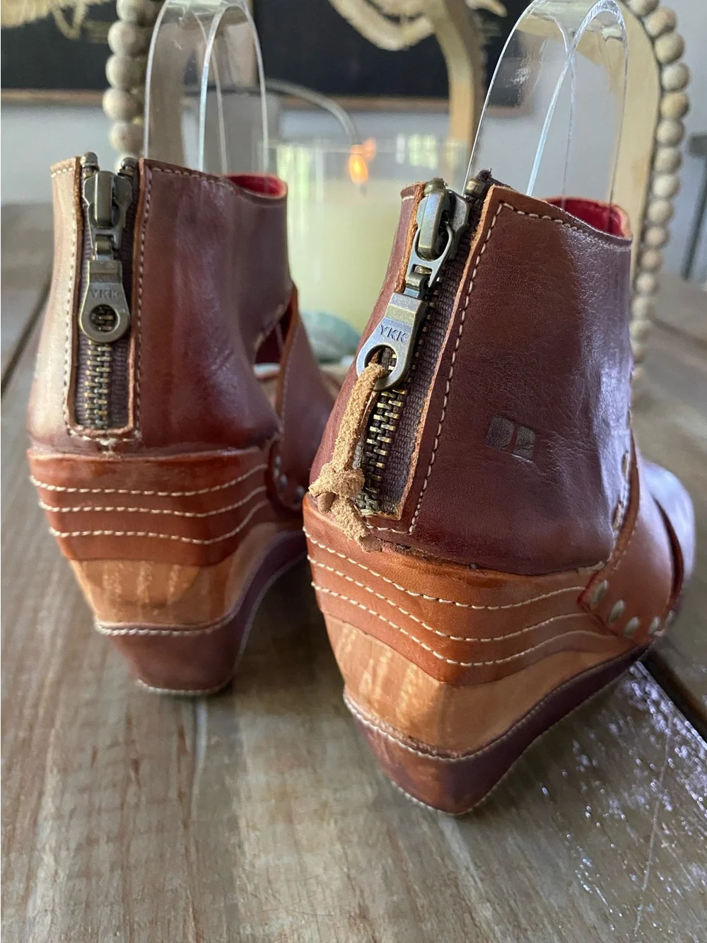 BED|STU Jessie Wedge Sandals Leather‎ Wood Platform Shoes Zip Studded Womens 8.5